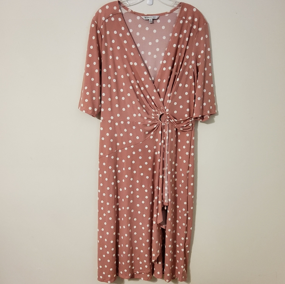 Robbie Bee Pink/White Polka Dot Surplice Faux Wrap Dress  Midi Dress